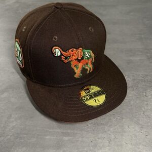 New‎ Era Oakland Athletics A's Hat 59Fifty Cap 7 1/4 Brown Orange Green Elephant